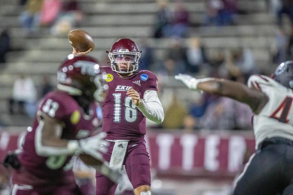 Maxwell Smith’s first season as Eastern Kentucky Colonels quarterbacks coach will be spent working with record-setting super-senior Parker McKinney (18). “Well, just don’t mess it up, right?” Smith says of his plans for McKinney. “Kind of let him be who he is is my biggest thing.”