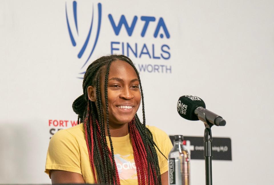 Coco Gauff speaks during a press conference in Fort Worth after losing at the WTA Finals.