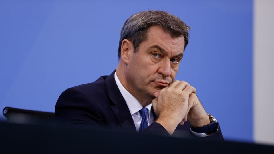 Bayerns Ministerpräsident Markus Söder bei einer Pressekonferenz im Kanzleramt.