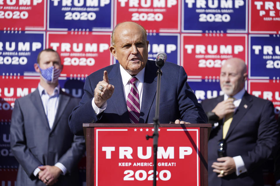 Former New York mayor Rudy Giuliani, a lawyer for President Donald Trump, speaks during a news conference on legal challenges to vote counting in Pennsylvania, Saturday Nov. 7, 2020, in Philadelphia. (AP Photo/John Minchillo)