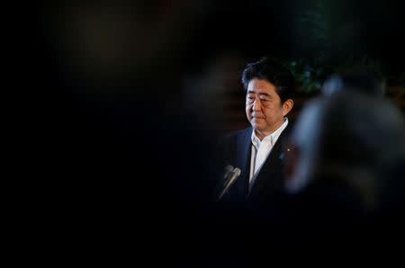 Japan's Prime Minister Shinzo Abe speaks to the media at his official residence in Tokyo, Japan July 28, 2017. REUTERS/Toru Hanai