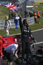 Mercedes driver Lewis Hamilton of Britain celebrates after winning the British Formula One Grand Prix, at the Silverstone circuit, in Silverstone, England, Sunday, July 18, 2021. (AP Photo/Jon Super)