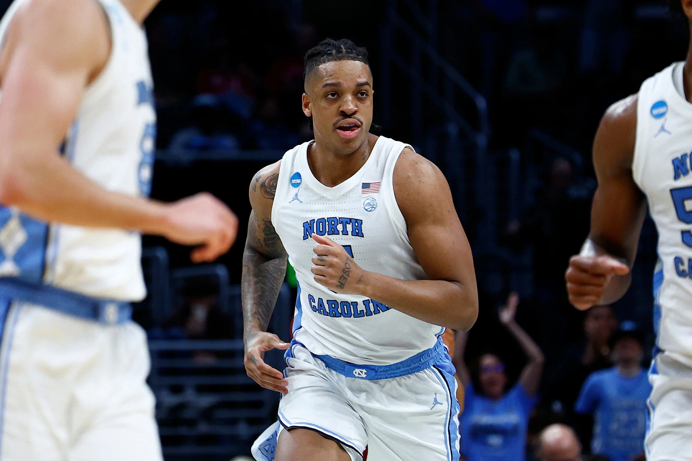 LOS ANGELES, CALIFORNIA - MARCH 28: Armando Bacot #5 of the North Carolina Tar Heels runs in a game against the Alabama Crimson Tide during the second half in the Sweet 16 round of the NCAA Men's Basketball Tournament at Crypto.com Arena on March 28, 2024 in Los Angeles, California. (Photo by Ronald Martinez/Getty Images)