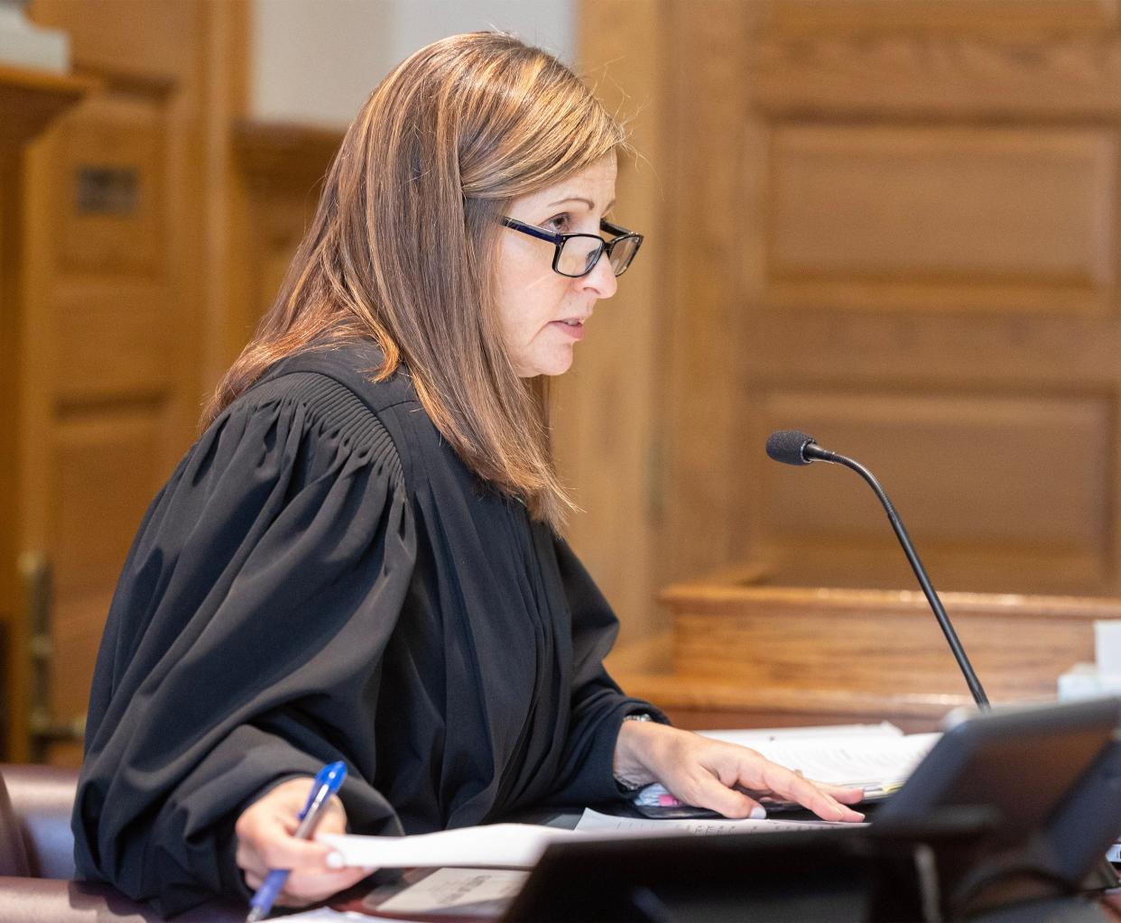 Stark County Common Pleas Court Judge Natalie Haupt addresses Ryan C. Harmer during his plea hearing. Harmer admitted killing Michael L. McCray in McCray's Canton home last September.