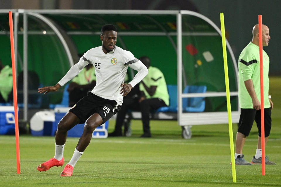 Senegal's midfielder Mamadou Loum Ndiaye attends a training session at Al Thumama stadium in Doha on November 20, 2022, on the eve of the Qatar 2022 World Cup football match between Senegal and Netherlands. (Photo by OZAN KOSE / AFP) (Photo by OZAN KOSE/AFP via Getty Images)