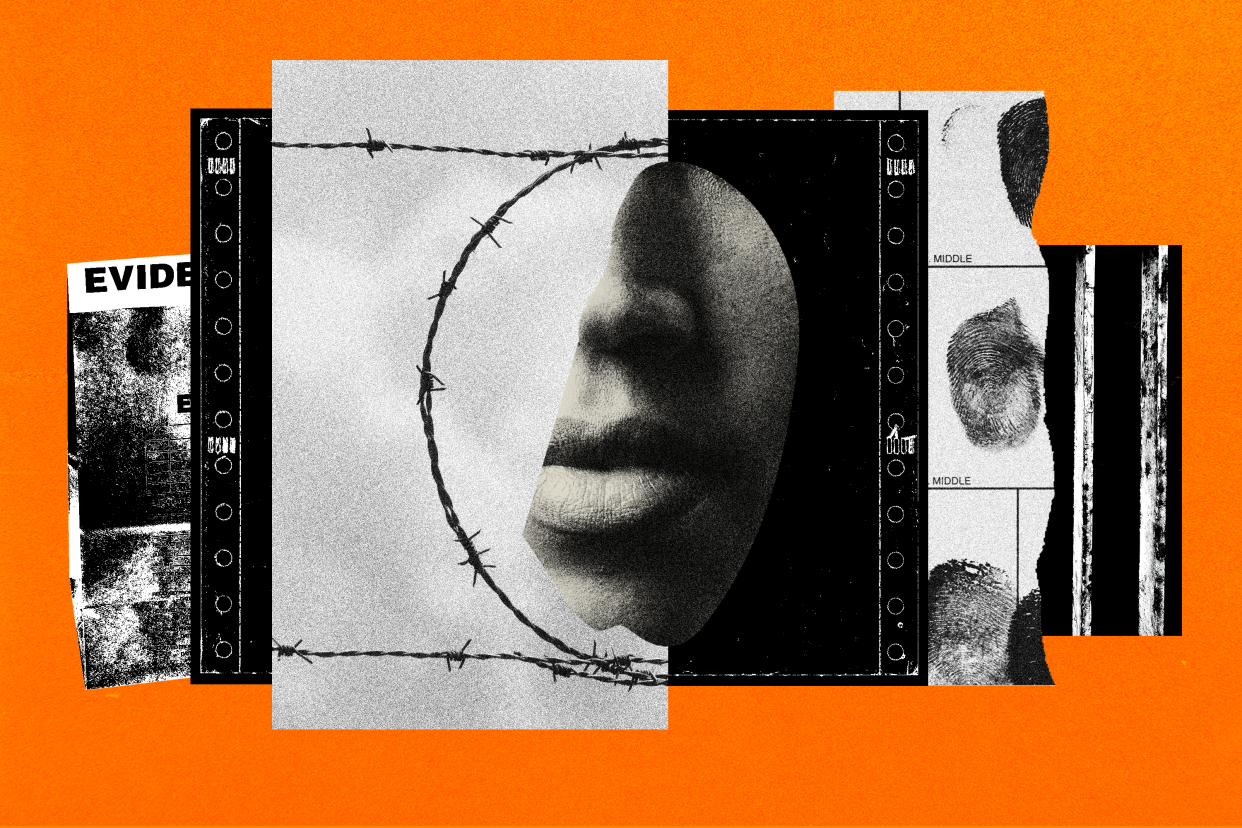 Photo illustration of black-and-white images of barbed wire, fingerprints and part of a face against orange background.