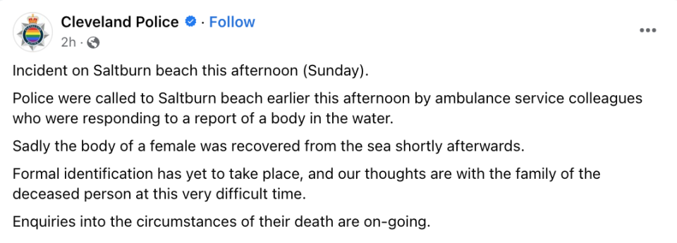 Cleveland Police said enquiries into the circumstances of the death of the person pulled from the water were ongoing. (Facebook/Cleveland Police)