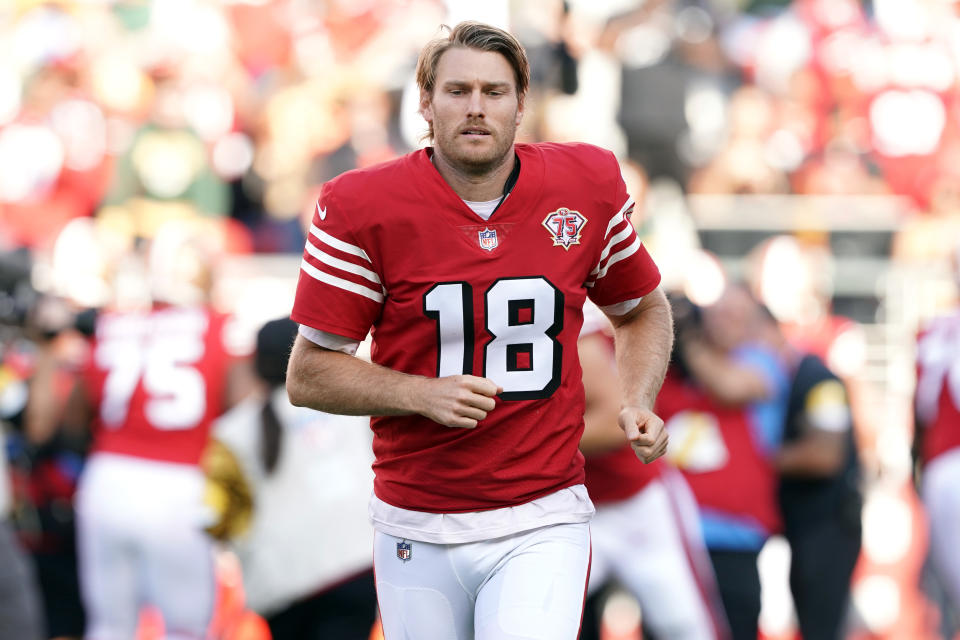 San Francisco 49ers punter Mitch Wishnowsky jogs onto the field.