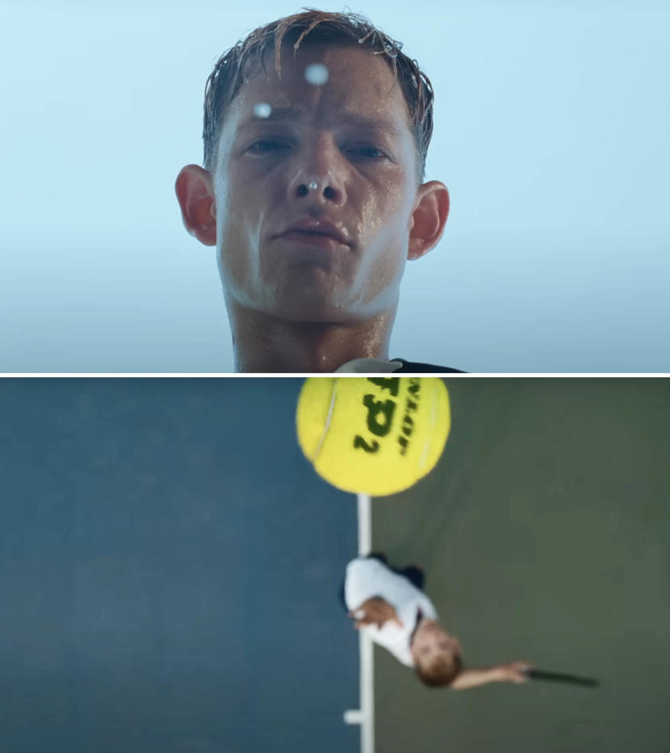 Scenes of Mike Faist as Art playing tennis in Challengers