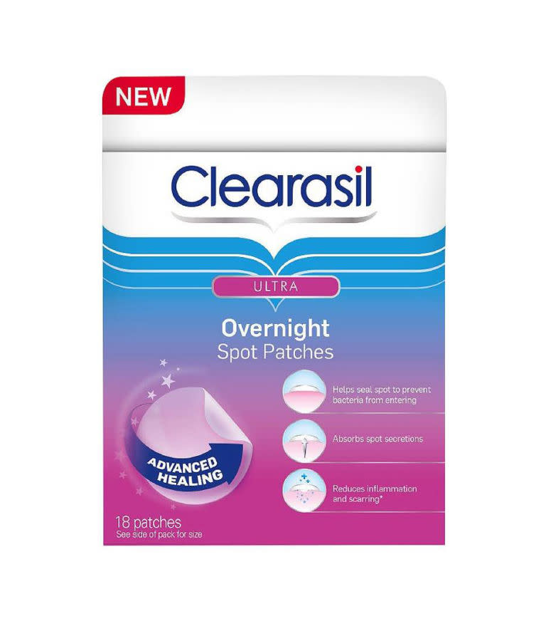 <p>Ultra Rapid Action Overnight Patches by Clearasil, $10 for 18 patches, <a rel="nofollow noopener" href="http://www.target.com/p/clearasil-ultra-rapid-action-overnight-patches-18-ct/-/A-51090513?sid=1263S&ref=tgt_adv_XS000000&AFID=google_pla_df&CPNG=PLA_Health+Beauty+Shopping_Local&adgroup=SC_Health+Beauty&LID=700000001170770pgs&network=g&device=c&location=9004072&gclid=CjwKEAjwkq7GBRDun9iu2JjyhmsSJADHCD_HBuhYrt4Tcp1auU6AYB1Aiad-M_ZshN1kRGsqLaKKiRoCtCnw_wcB&gclsrc=aw.ds" target="_blank" data-ylk="slk:target.com;elm:context_link;itc:0;sec:content-canvas" class="link "><u>target.com</u></a>.</p>