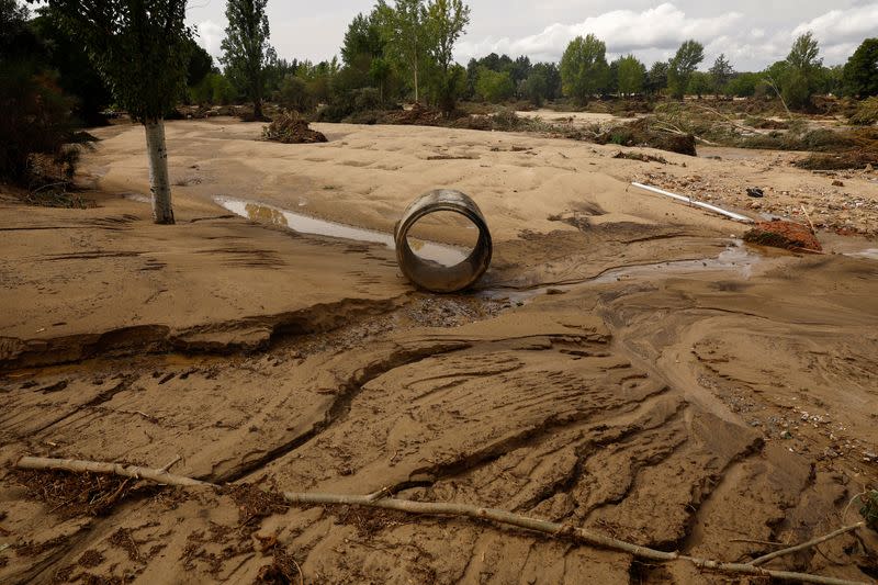 Vista de la orilla del río Alberche tras las fuertes lluvias en Aldea del Fresno, España