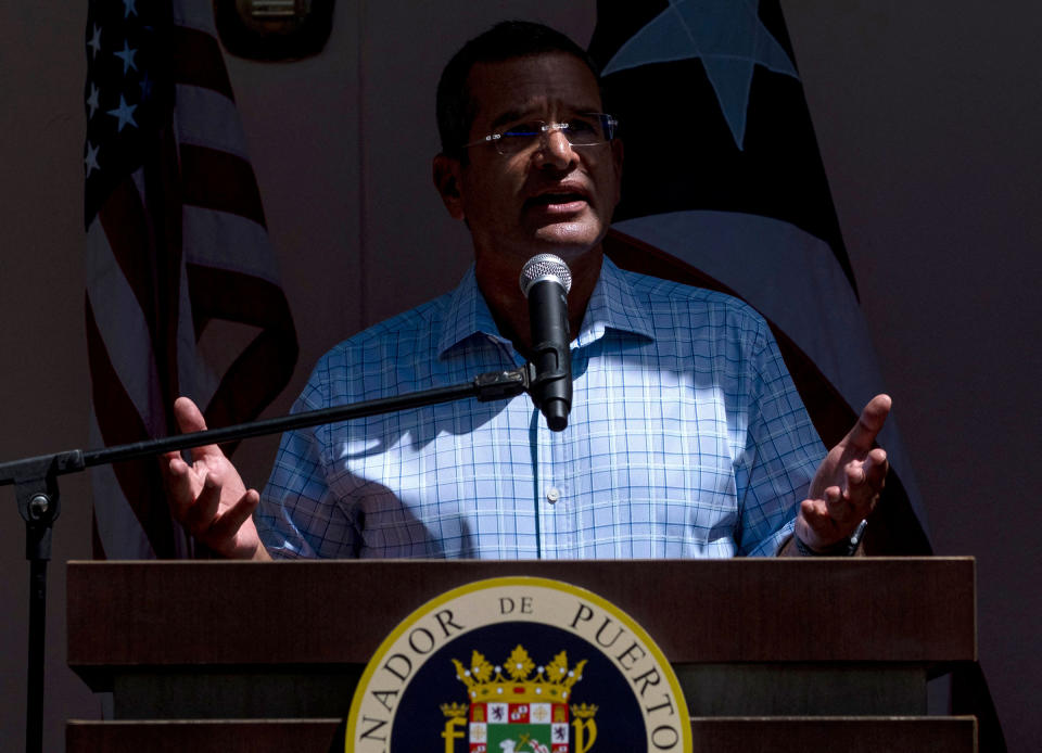 Puerto Rico's Governor Pedro Pierluisi speaks at a press conference at a Puerto Rico National Guard vaccination center on March 10.<span class="copyright">Ricardo Arduengo—AFP/Getty Images</span>