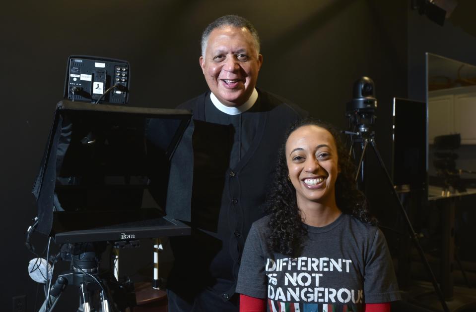 The Rev. Will Mebane and Onjale Scott Price in the studios at FCTV in Falmouth, where they film their show, "THE Conversation."