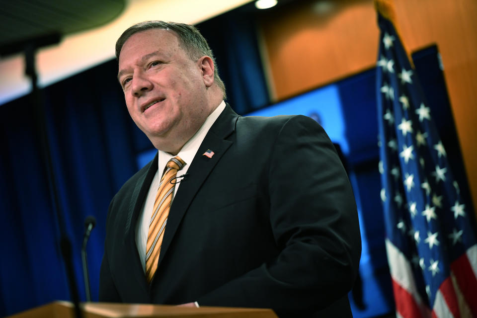 Secretary of State Mike Pompeo speaks during a news conference at the State Department in Washington, Wednesday, June 24, 2020. (Mandel Ngan/Pool via AP)