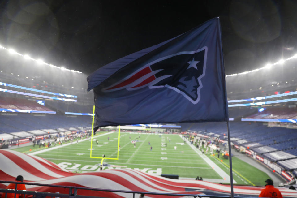 FOXBOROUGH, MASSACHUSETTS - NOVEMBER 15: A New England Patriots flag flies in an empty Gillette Stadium for a game between the New England Patriots and the Baltimore Ravens on November 15, 2020 in Foxborough, Massachusetts. (Photo by Maddie Meyer/Getty Images)