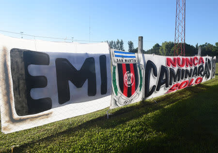 A banner in front of the Club Atletico y Social San Martin during the wake of soccer player Emiliano Sala, former striker of French club Nantes, who died in a plane crash in the English Channel, in Progreso, Argentina February 16, 2019. REUTERS/Sebastian Granata