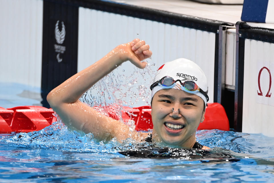 Singapore swimmer Yip Pin Xiu celebrates after winning gold in the women's 50m backstroke (S2) final at the 2020 Tokyo Paralympics. (PHOTO: Sport Singapore)