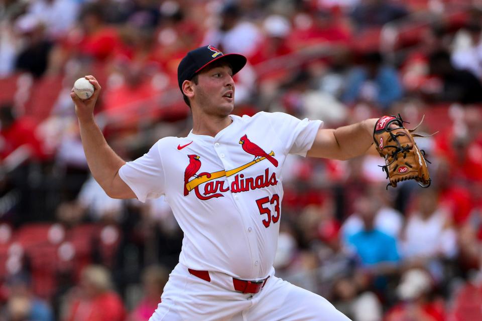 Sep 22, 2024; St. Louis, Missouri, USA; St. Louis Cardinals starting pitcher Andre Pallante (53) pitches against the Cleveland Guardians during the second inning at Busch Stadium. Mandatory Credit: Jeff Curry-Imagn Images