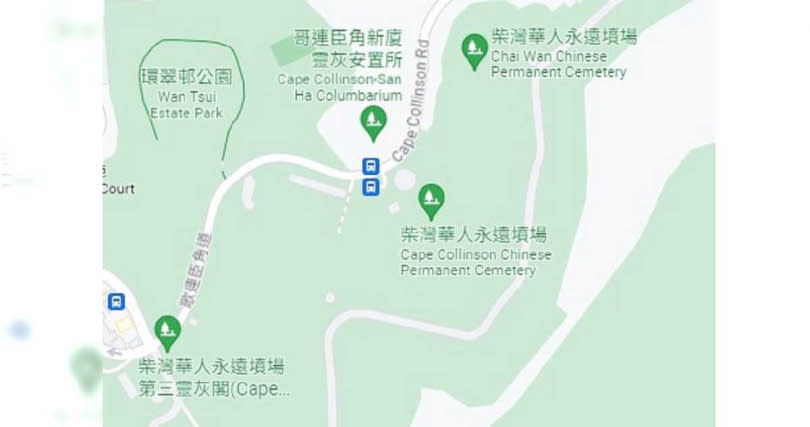 從Google　map來看，夜班保全需要巡邏的3座墳場，彼此間有一段距離。（圖／擷取自Google　maps）