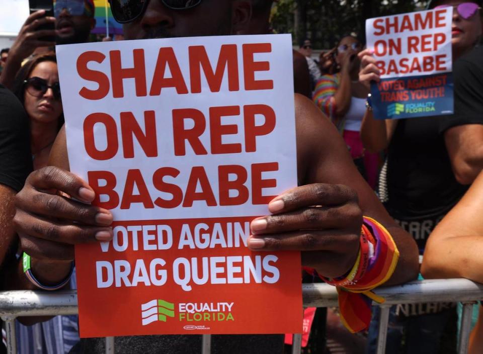 Protesters greeted Rep. Fabian Basabe during Sunday's Miami Beach Pride parade on Ocean Drive.