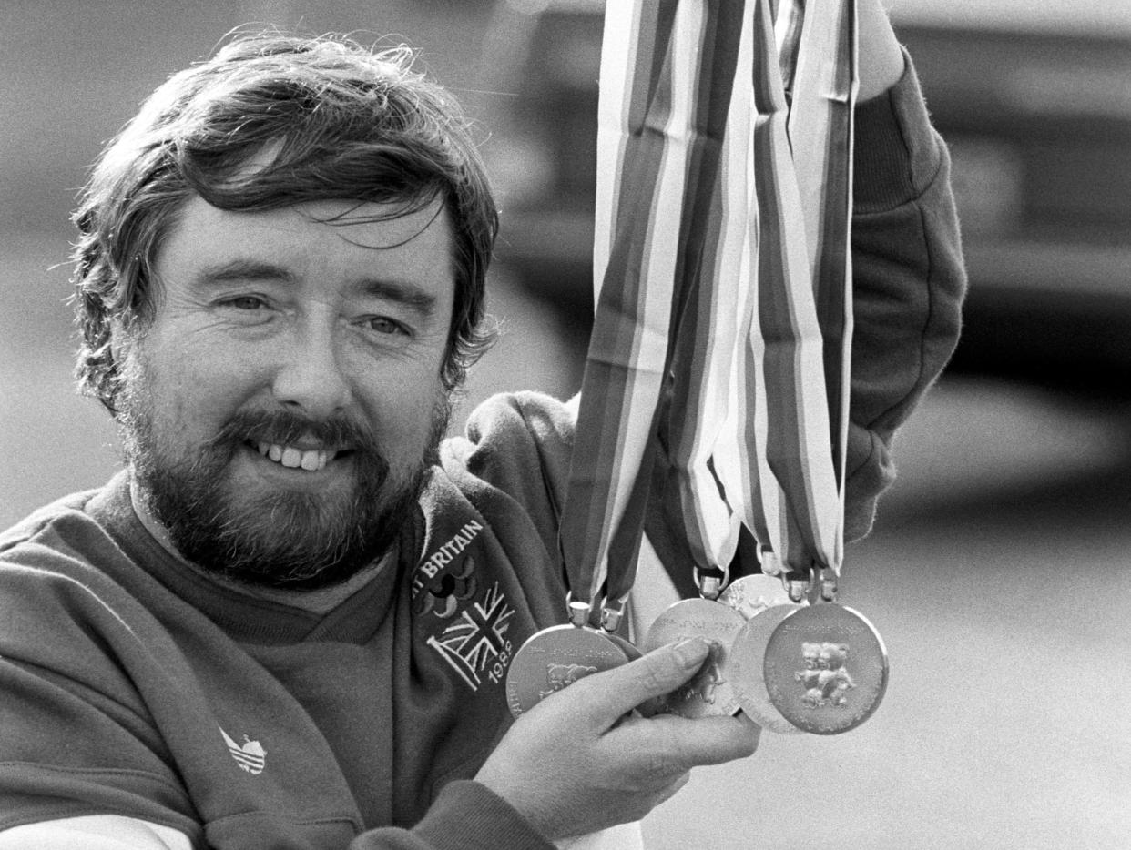 Manchester's Mike Kenny in Aylesbury today proudly showing his collection of swimming medals won in the Paralympics in Seoul. He won an astonishing five gold and one silver helping the British team to third place in the medals table.