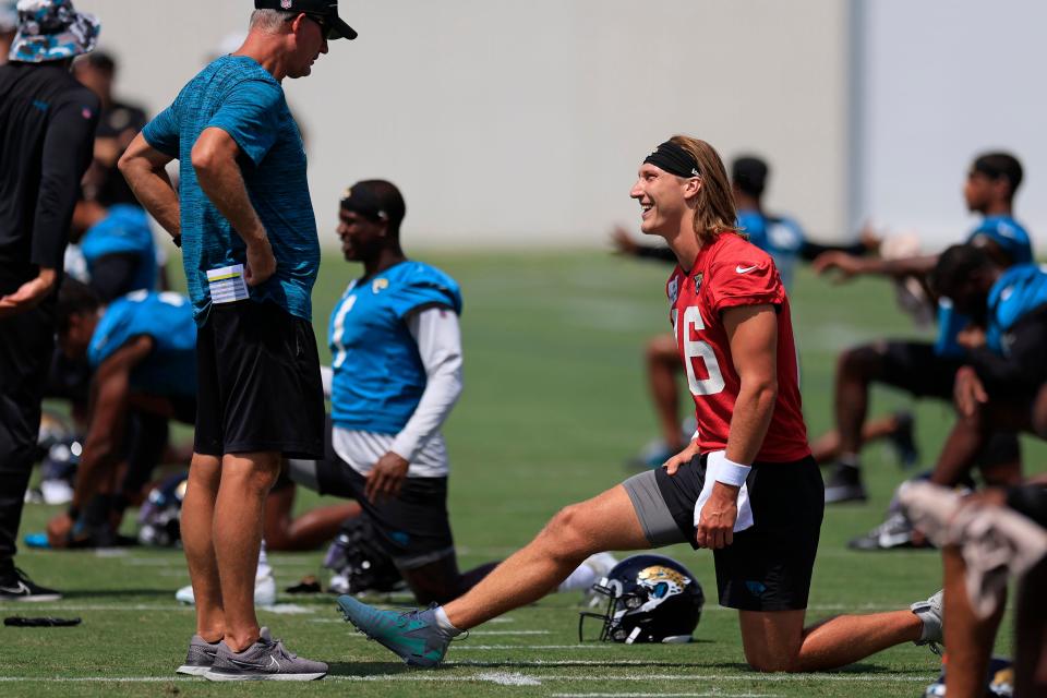 Jacksonville Jaguars quarterback Trevor Lawrence (16), talking with quarterbacks coach Mike McCoy, has become a more assertive leader in the past year, which should be a good sign for the team to reach higher expectations in 2023 and beyond.