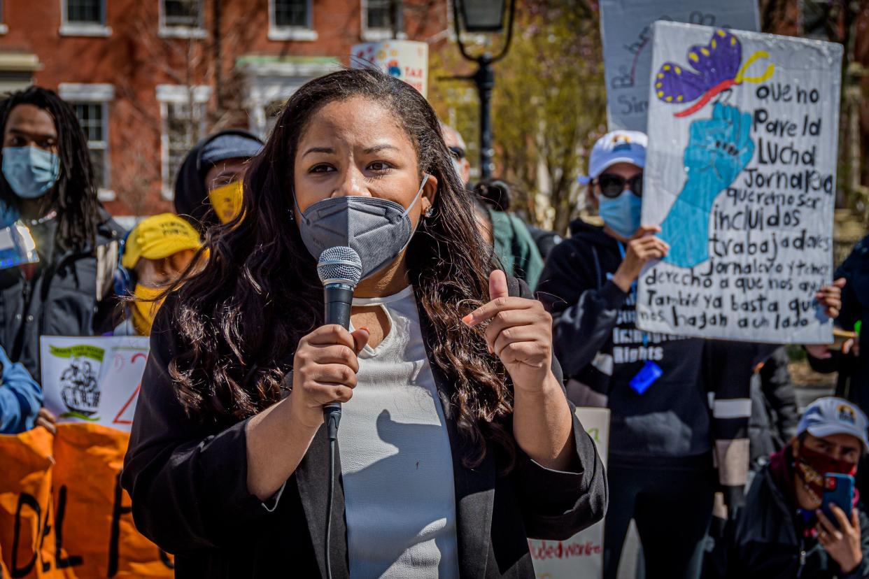 New York Assemblywoman Amanda Septimo (D) speaks at a news conference for the "excluded workers" fund in Manhattan. The fund was one of several major progressive victories. (Photo: Erik McGregor/Getty Images)