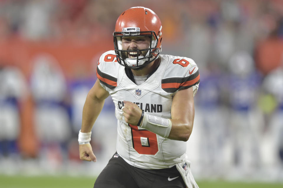 FILE - In this Aug. 17, 2018, file photo, Cleveland Browns quarterback Baker Mayfield celebrates in the second half of the team's NFL football preseason game against the Buffalo Bills in Cleveland. The Browns sure know a lot about losing, but that changed last season when then-rookie quarterback Baker Mayfield helped Cleveland win five of its last seven games. (AP Photo/David Richard, File)
