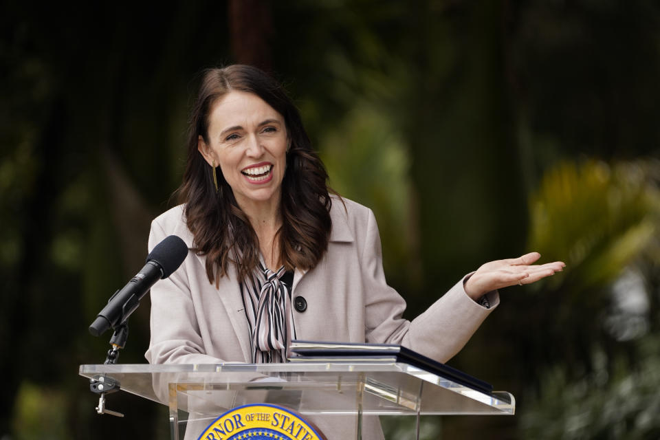 FILE - New Zealand Prime Minister Jacinda Ardern gestures while speaking at the Botanical Garden in San Francisco, Friday, May 27, 2022. Ardern, who was praised around the world for her handling of the nation’s worst mass shooting and the early stages of the coronavirus pandemic, said Thursday, Jan. 19, 2023, she was leaving office. (AP Photo/Eric Risberg, File)