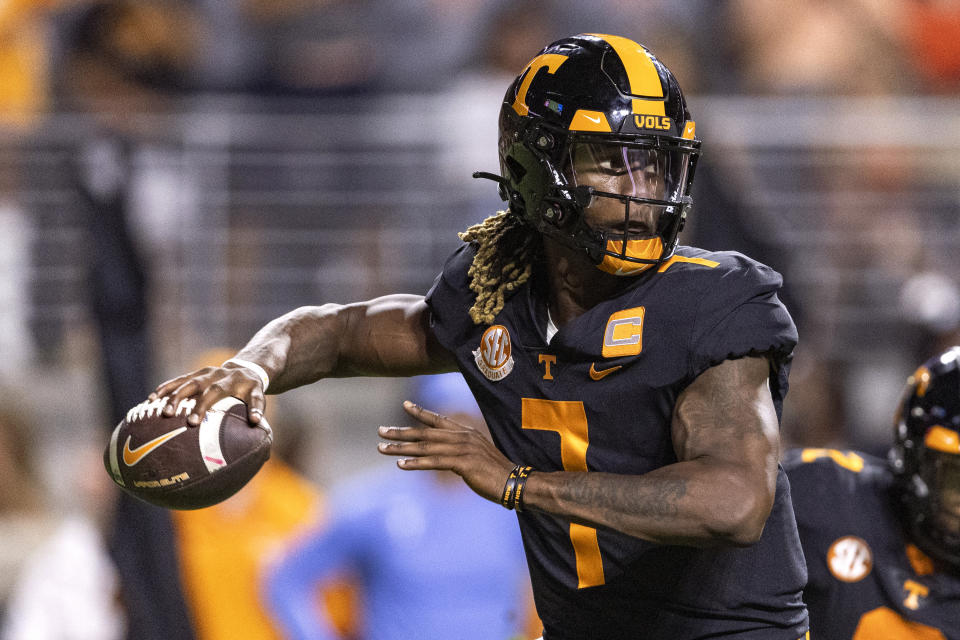 Tennessee quarterback Joe Milton III throws to a receiver during the second half of the team's NCAA college football game against South Carolina on Saturday, Sept. 30, 2023, in Knoxville, Tenn. (AP Photo/Wade Payne)