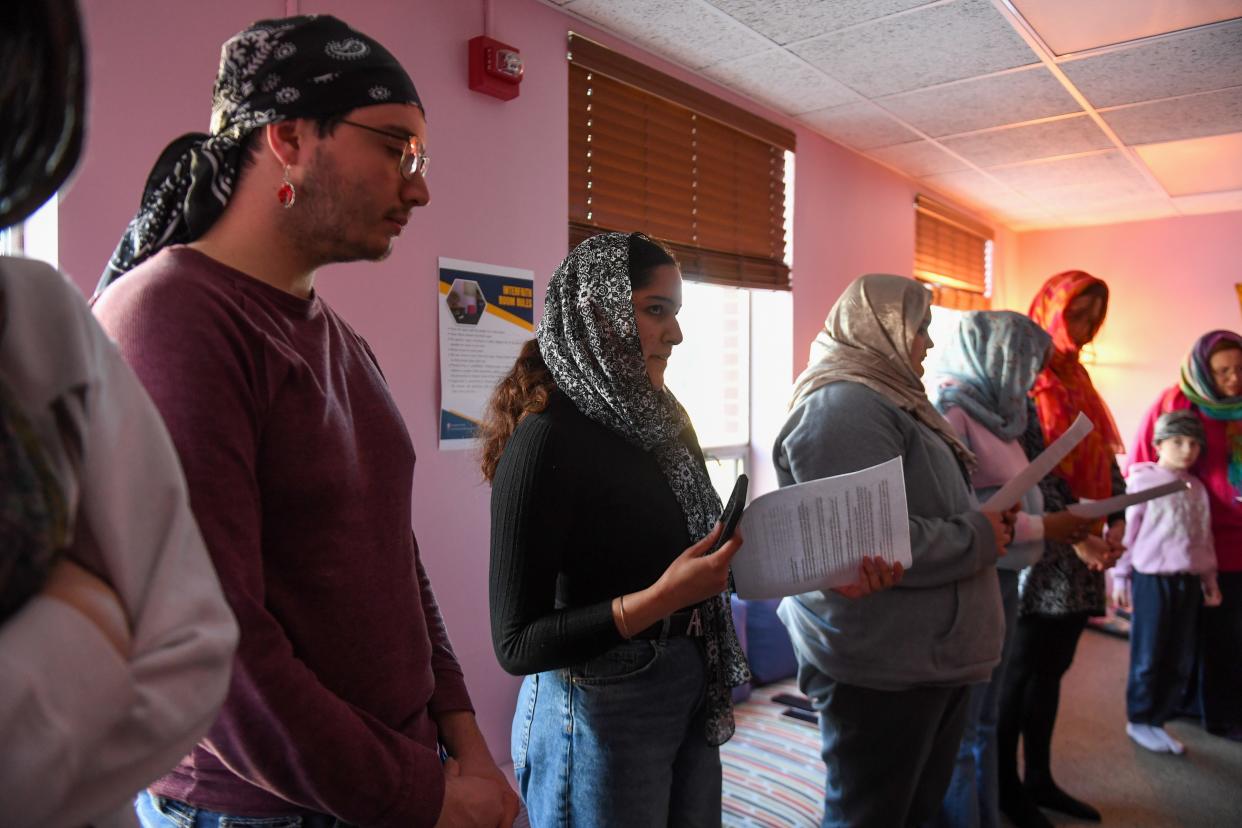 Avneet Tiwana of Sikhism recites a Sikh prayer on Wednesday, Feb. 28, 2024 at the Augustana University's Morrison Commons building in Sioux Falls.