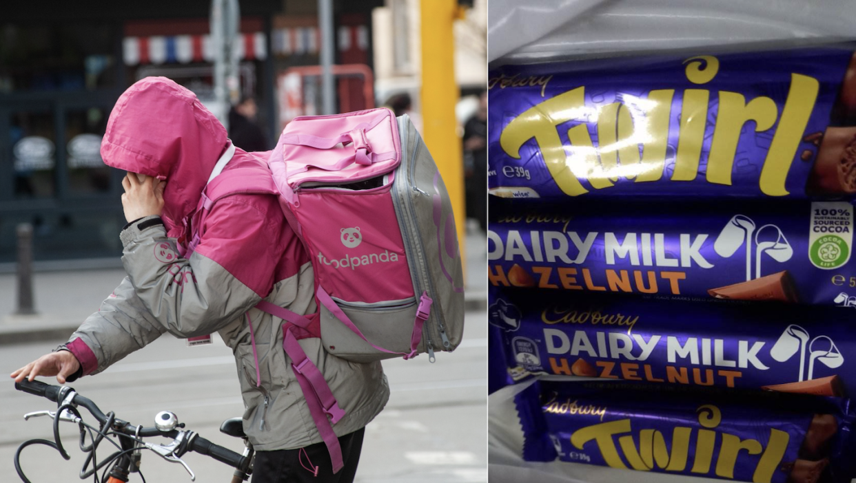 Foodpanda rider talking on the phone and four chocolate bars 