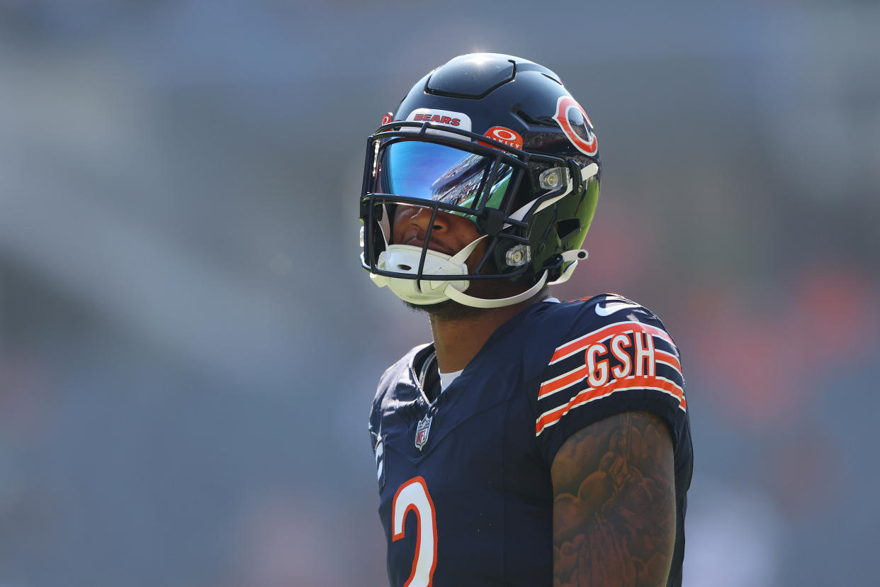 CHICAGO, ILLINOIS - OCTOBER 01: DJ Moore #2 of the Chicago Bears warms up prior to the game against the Denver Broncos at Soldier Field on October 01, 2023 in Chicago, Illinois. (Photo by Michael Reaves/Getty Images)