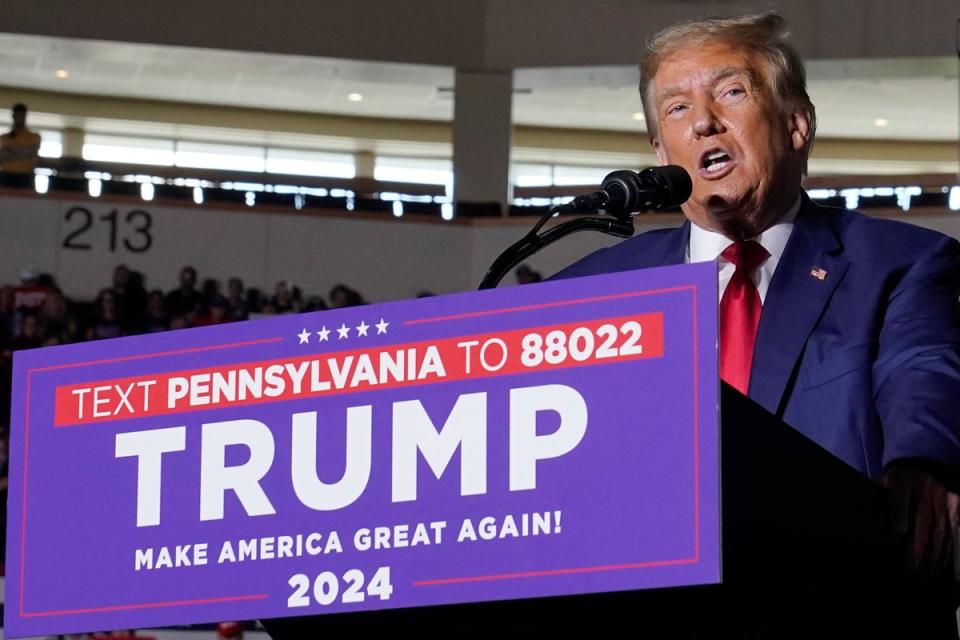 Republican presidential candidate former president Donald Trump speaks during a campaign rally on Saturday in Pennsylvania (Copyright 2023 The Associated Press. All rights reserved.)