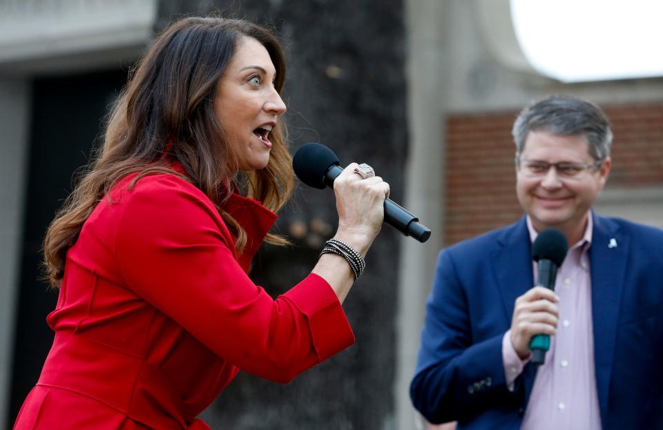 The University of Alabama honored SEC championship teams in men's basketball, softball and gymnastics Friday, Nov. 5, 2021, at the Sarah Patterson Champions Plaza. Gymnastics Head Coach Dana Duckworth tells an animated story, quoting one of her gymnasts from the championship meet. [Staff Photo/Gary Cosby Jr.]