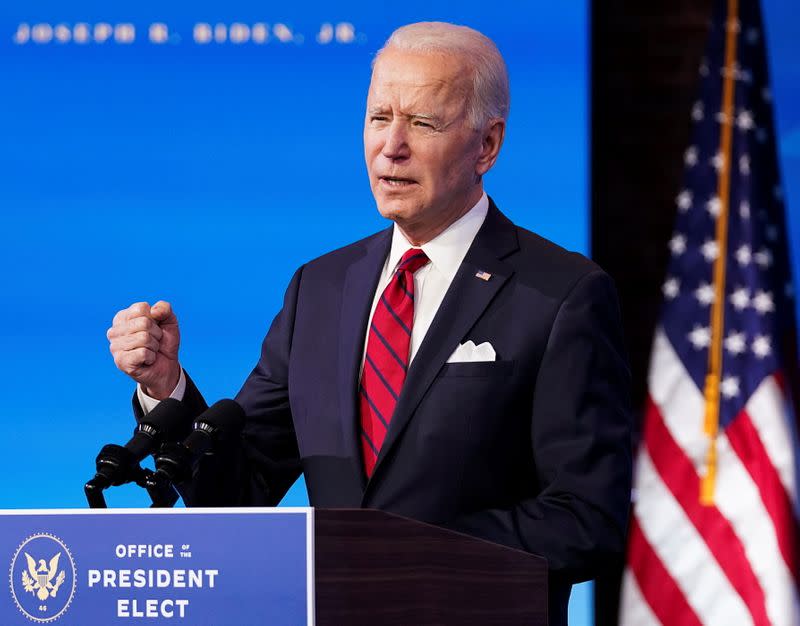 U.S. President-elect Joe Biden outlines coronavirus vaccine administration plan during news conference at transition headquarters in Wilmington, Delaware