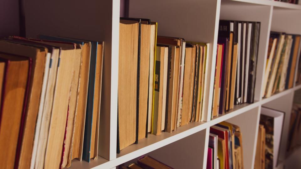 Old books on a home bookshelf with the pages facing out.