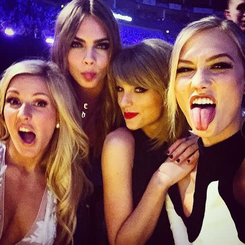 <p>Cara Delevingne/Instagram</p> Taylor Swift with Ellie Goulding, Cara Delevingne and Karlie Kloss at at the BRIT Awards