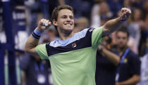 Diego Schwartzman, of Argentina, gestures after defeating Alexander Zverev, of Germany, during the fourth round of the US Open tennis championships Monday, Sept. 2, 2019, in New York. (AP Photo/Frank Franklin II)