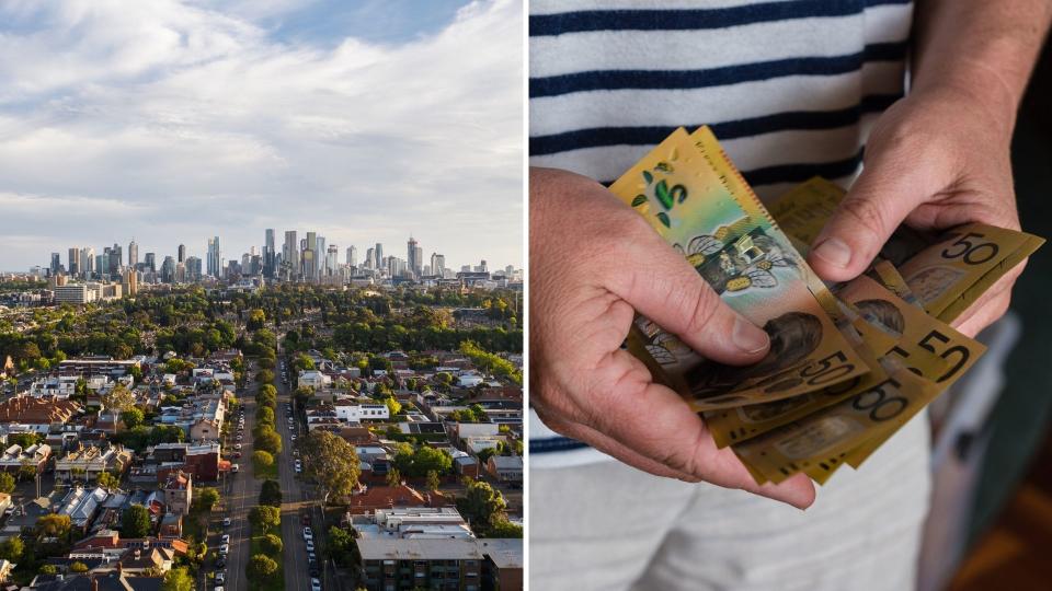 Aerial view of Australian suburb, hands holding Australian $50 notes. 