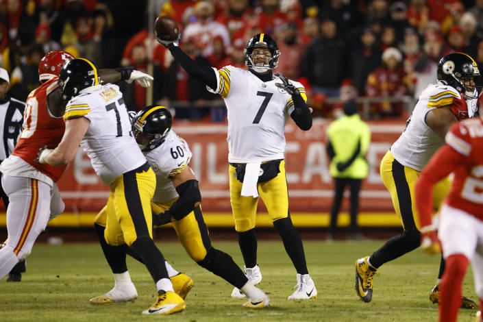 Pittsburgh Steelers quarterback Ben Roethlisberger (7) throws a pass during the first half of an NFL wild-card playoff football game against the Kansas City Chiefs, Sunday, Jan. 16, 2022, in Kansas City, Mo. (AP Photo/Colin E. Braley)