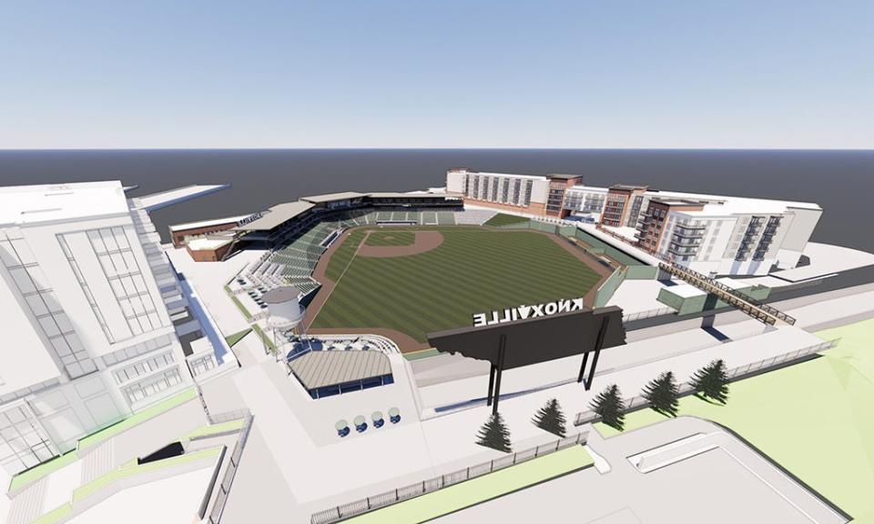 An aerial rendering of the forthcoming multiuse baseball stadium east of the Old City shows some of the anticipated development planned for just outside the playing field. That includes a nine-story condo building and a $70 million apartment building made up of 233 units.