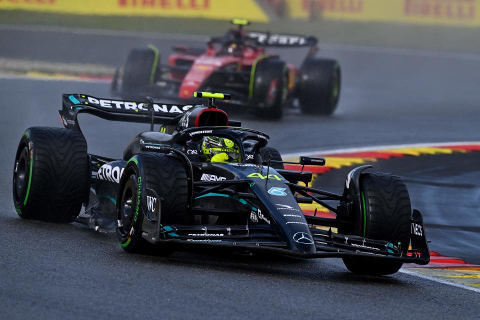 Mercedes' British driver Lewis Hamilton competes during the sprint race ahead of the Formula One Belgian Grand Prix at the Spa-Francorchamps Circuit in Spa on July 29, 2023. (Photo by JOHN THYS / AFP) (Photo by JOHN THYS/AFP via Getty Images)