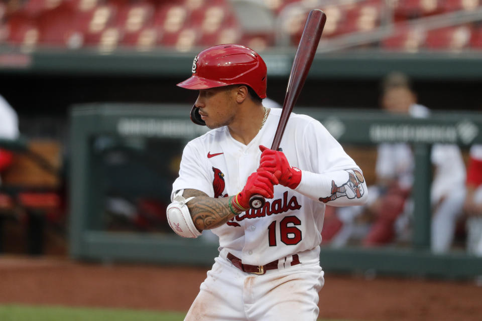 St. Louis Cardinals' Kolten Wong bats during an intrasquad practice baseball game at Busch Stadium Thursday, July 9, 2020, in St. Louis. (AP Photo/Jeff Roberson)