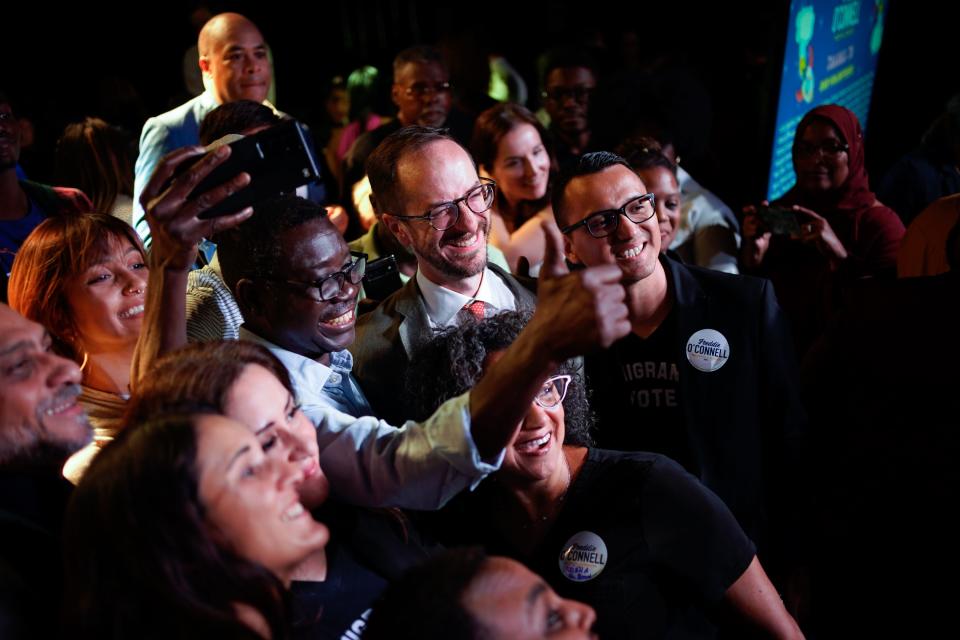 Freddie O'Connell celebrates with supporters after being elected as the city's next mayor on Thursday, Sept. 14, 2023, in Nashville, Tennessee.