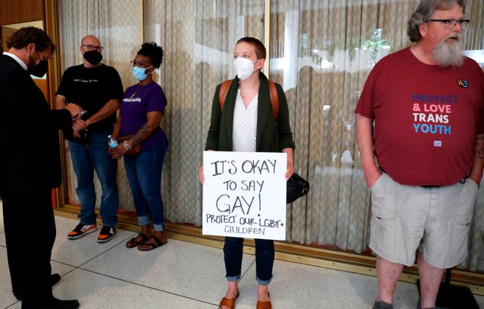 Alison Croop of Raleigh stands outside the N.C. Senate Rules Committee room after the committee voted on HB755, the “Parents’ Bill of Rights,” at the Legislative Building in Raleigh, N.C., Tuesday, May 31, 2022.