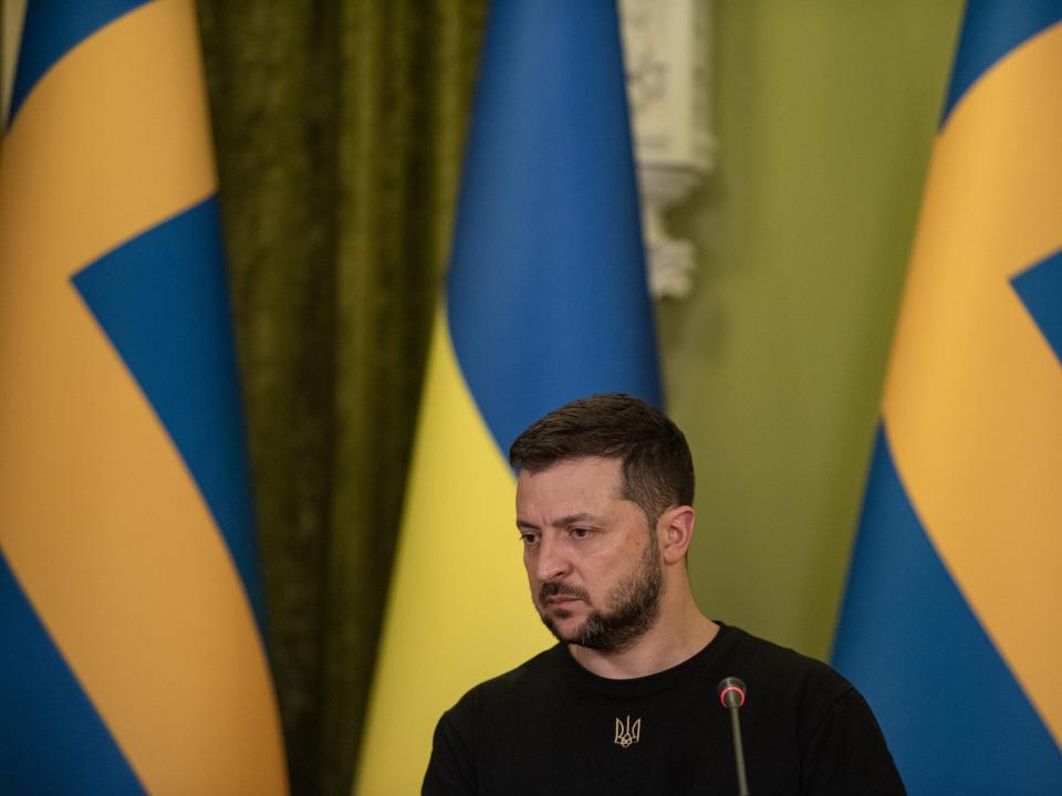 Ukrainian President Volodymyr Zelensky is seen during a joint press conference with Swedish Prime Minister Magdalena Andersson on July 4, 2022 in Kyiv, Ukraine.