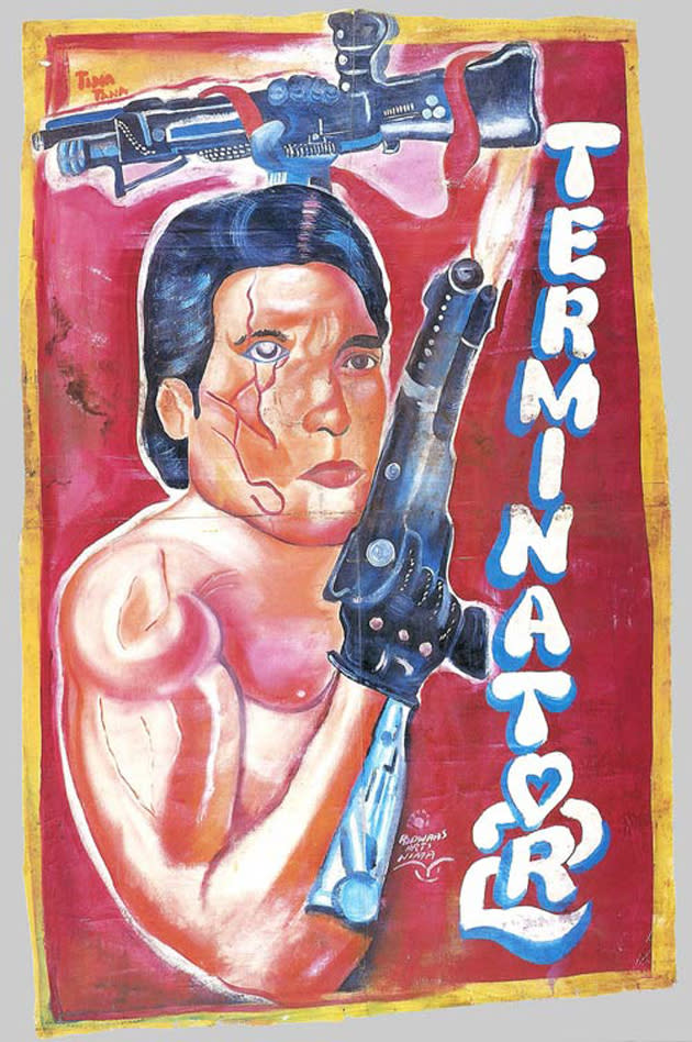 <b>Terminator 2 – Africa</b><br><br> The African ‘Terminator 2’ poster turns Arnold Schwarzenegger from a fearless mono-toned killing machine into a half-eaten camp ‘Chewitt’ with a wonky gun. The text also looks as if it’s written with the hopes and dreams of a unicorn. A peculiar method of selling an 18 rated horror/thriller. <br><br><b>[Related gallery: <a href="http://uk.movies.yahoo.com/photos/movie-poster-mistakes-1325695707-slideshow/" data-ylk="slk:Movie poster mistakes;elm:context_link;itc:0;sec:content-canvas;outcm:mb_qualified_link;_E:mb_qualified_link;ct:story;" class="link  yahoo-link">Movie poster mistakes</a>]</b>