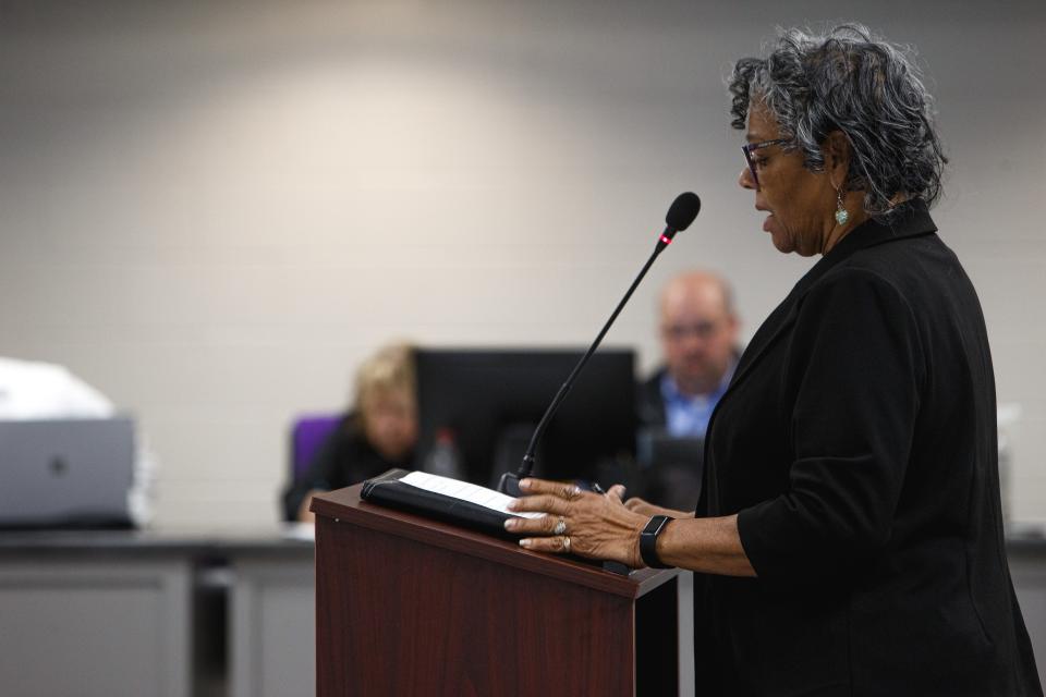 Diane Davis addresses the Maury County Public Schools Board during a special hearing reviewing an application submitted by charter school American Classical Academy under the American Classical Education affiliated with Hillsdale College on Tuesday, April 25, 2023.