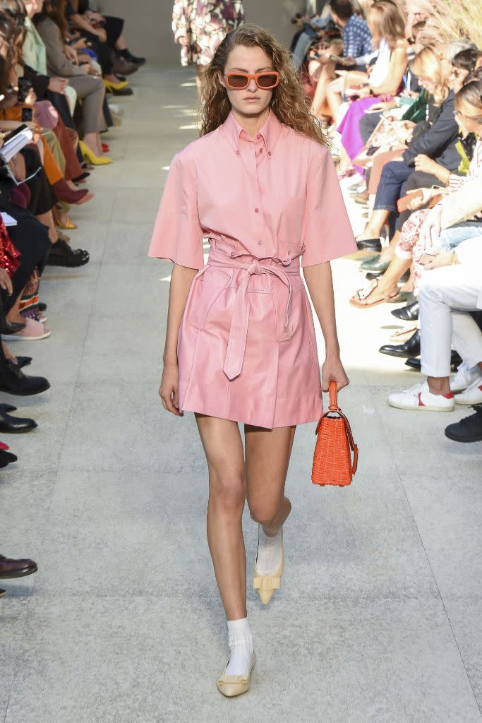 Yellow Viva flats with socks and leather shorts on the runway at Ferragamo spring ’20. - Credit: Shutterstock